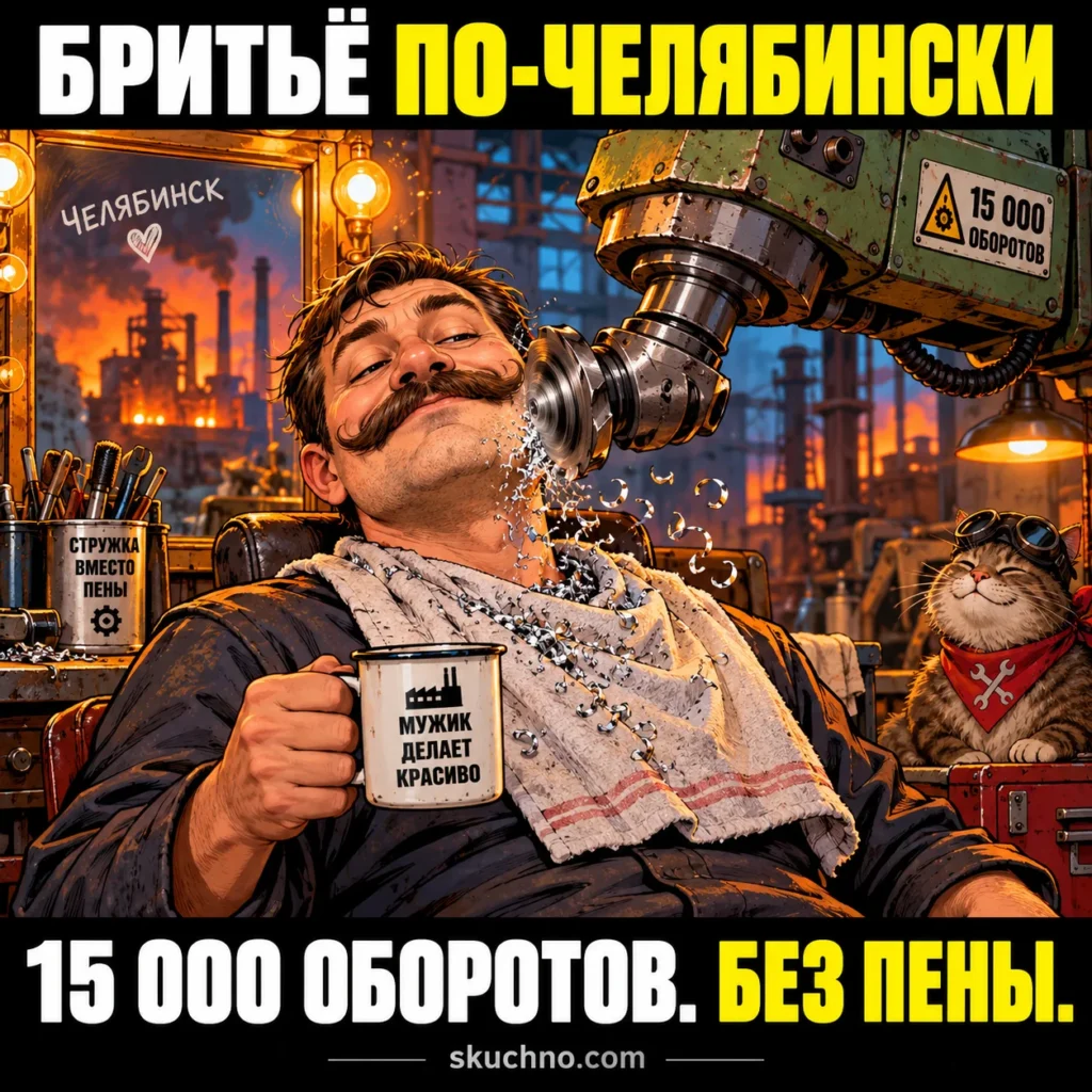 Челябинские мужики настолько суровы, что бреются фрезерным станком на 15 000 оборотов. Без пены.