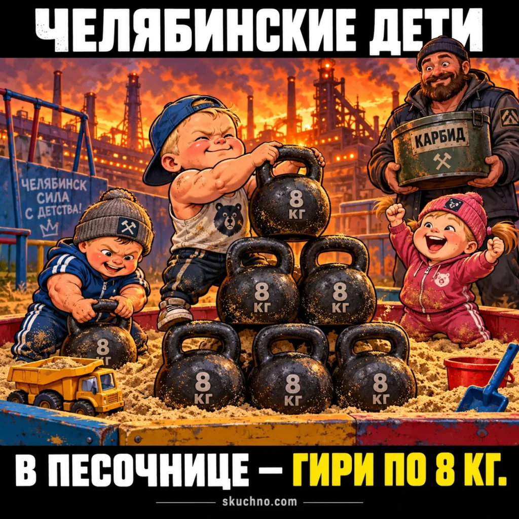 Челябинские дети настолько суровы, что вместо сосок просят карбид, а в песочнице играют чугунными гирями по 8 кг.