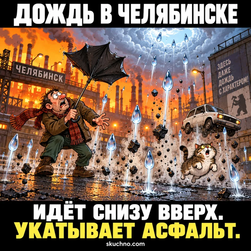 Дождь в Челябинске настолько суров, что падает снизу вверх, выбивая пыль и укатывая свежий асфальт.