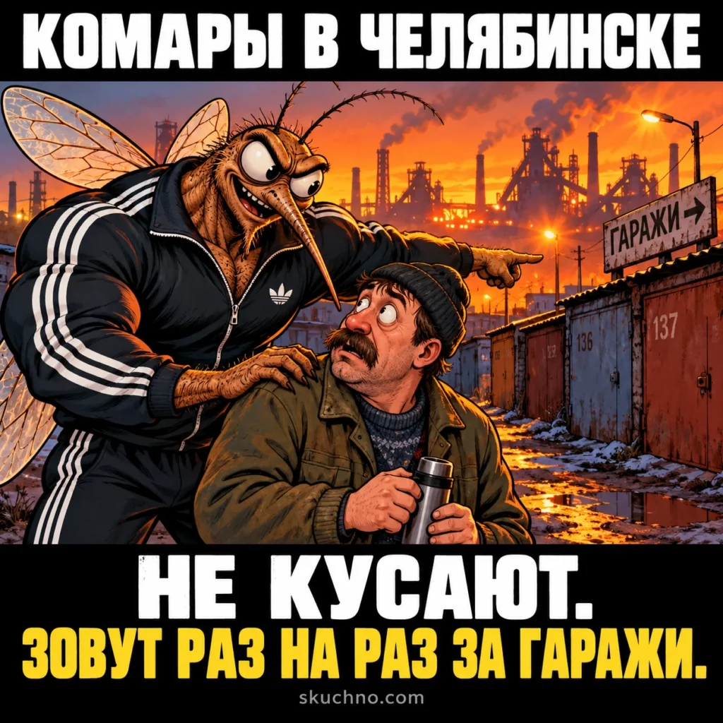 Комары в Челябинске настолько суровы, что не кусают исподтишка, а хлопают по плечу и зовут раз на раз за гаражи.