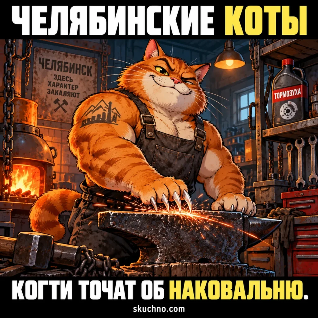 Челябинские коты настолько суровы, что вместо валерьянки пьют тормозуху, а когти точат об наковальни.