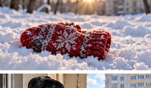 Мем про Челябинск: одна красная варежка лежит в снегу
