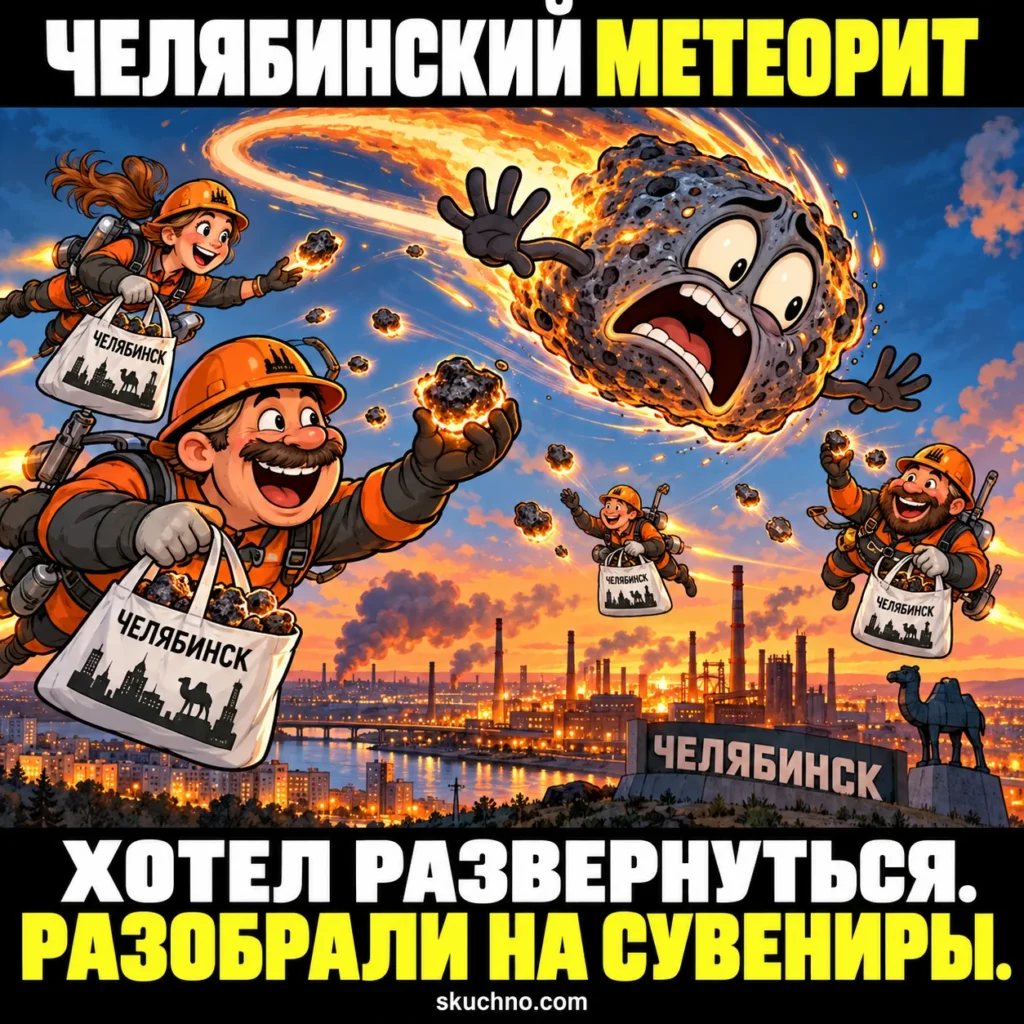 Челябинский метеорит при подлёте хотел развернуться, но его разобрали на сувениры прямо на лету.